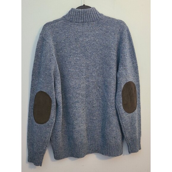 LL Bean Mens M 1/4 Zip Sweater Shetland Wool Blue Corduroy Elbow Patches Preppy - Picture 2 of 12